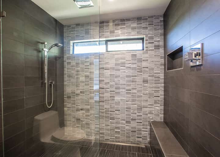A walk in shower installation adds functionality to Pacific Palisades home.